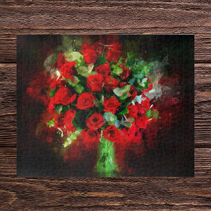 Rode Rozen Boeket Aquarel op Zwarte Achtergrond Legpuzzel