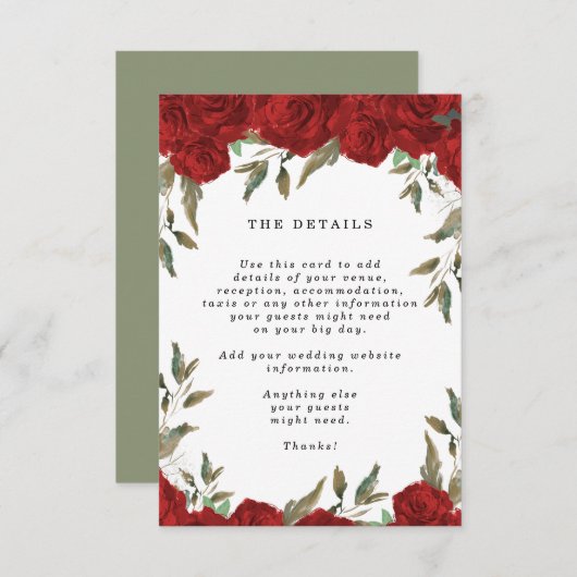 rode rozen boho floral bruiloft details informatiekaartje (Voorkant / Achterkant)