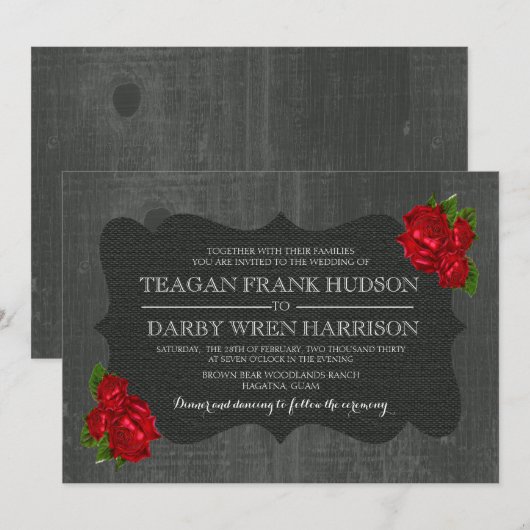 Rode rozen burlap hout gotische bruiloft uitnodigt kaart (Voorkant / Achterkant)