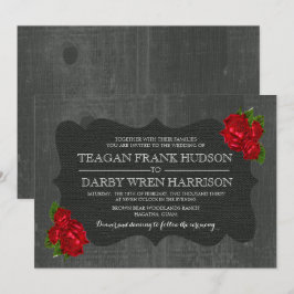 Rode rozen burlap hout gotische bruiloft uitnodigt kaart