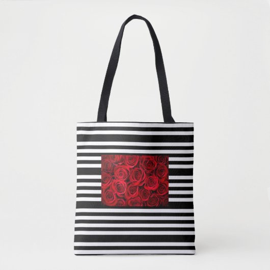 Rode rozen canvas tas op zwarte witte strepen (Voorkant)
