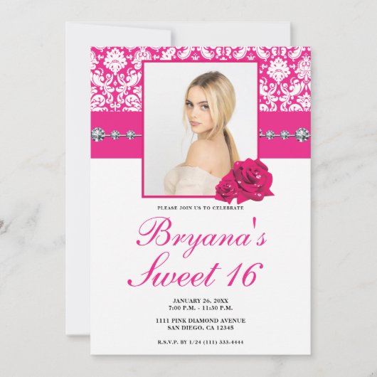 Rode Rozen & Damask Diamanten Bling Uitnodigingen (Voorkant)