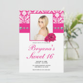 Rode Rozen & Damask Diamanten Bling Uitnodigingen (Staand voorkant)