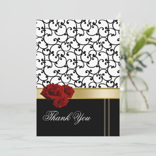 rode rozen damast Bedankt Card (Staand voorkant)