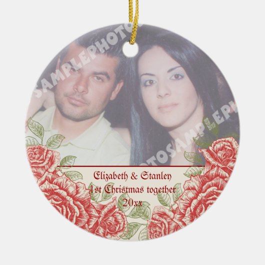 rode rozen De eerste kerstfoto van de Paars Keramisch Ornament (Voorkant)