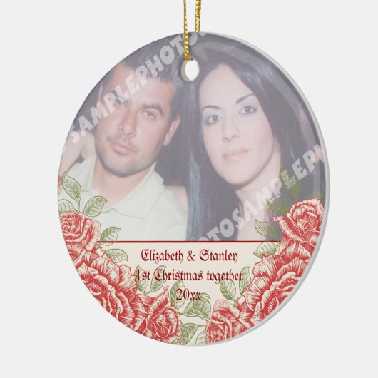  rode rozen De eerste kerstfoto van de Paars Keramisch Ornament (Links)