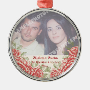  rode rozen De eerste kerstfoto van de Paars Metalen Ornament