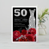 Rode Rozen Diamantjurk 50e verjaardag Echt Zilver Folie Uitnodiging (Staand Voorkant)