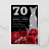 Rode Rozen Diamantjurk 70e verjaardag Echt Zilver Folie Uitnodiging (Voorkant)