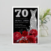 Rode Rozen Diamantjurk 70e verjaardag Echt Zilver Folie Uitnodiging (Staand Voorkant)