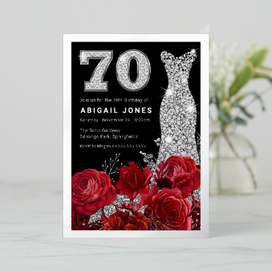 Rode Rozen Diamantjurk 70e verjaardag Echt Zilver Folie Uitnodiging (Staand Voorkant)