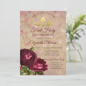 Rode rozen die de eerste heilige communie verlaten kaart (Staand voorkant)