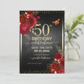 Rode rozen elegant 50e verjaardag Uitnodiging (Staand voorkant)