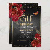 Rode rozen elegant 50e verjaardag Uitnodiging (Voorkant / Achterkant)