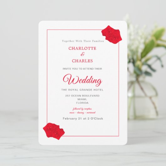 Rode Rozen Elegante Bloemen Bruiloft Uitnodiging (Staand voorkant)