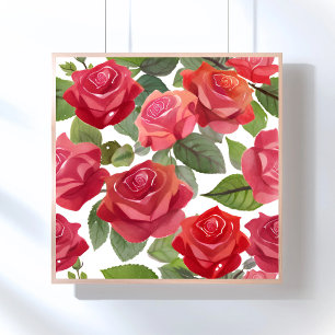 Rode Rozen   Elegante Bloemrijke Roos Waterverf Poster