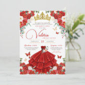 Rode Rozen Elegante Prinses Vlinder Quinceañera Kaart (Staand voorkant)