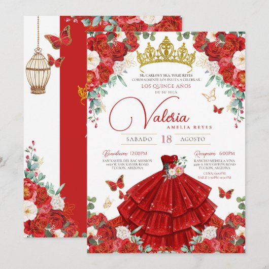 Rode Rozen Elegante Prinses Vlinder Quinceañera Kaart (Voorkant / Achterkant)