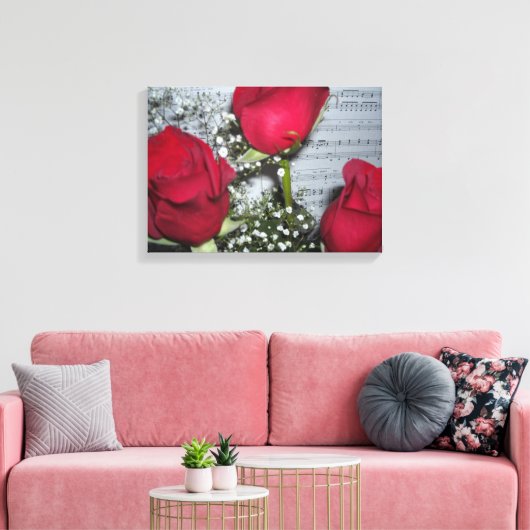 Rode rozen en bladmuziek canvas afdruk (Insitu (Woonkamer))
