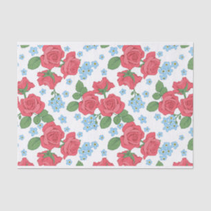 Rode Rozen en Blauwe Bloemen Illustraties Patroon Tissuepapier