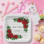 Rode rozen en de pijnboomtanden papieren bordje (Feest)