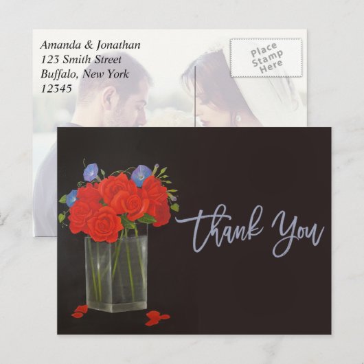 Rode rozen en een ochtendglorie Dank u toevoegen f Briefkaart (Voorkant / Achterkant)