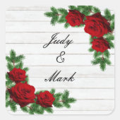 Rode rozen en een ringzegel met kerstbruiloft vierkante sticker (Voorkant)