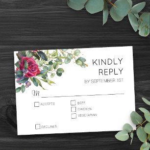 Rode Rozen en Eucalyptus Bloemen Bruiloft RSVP Kaartje