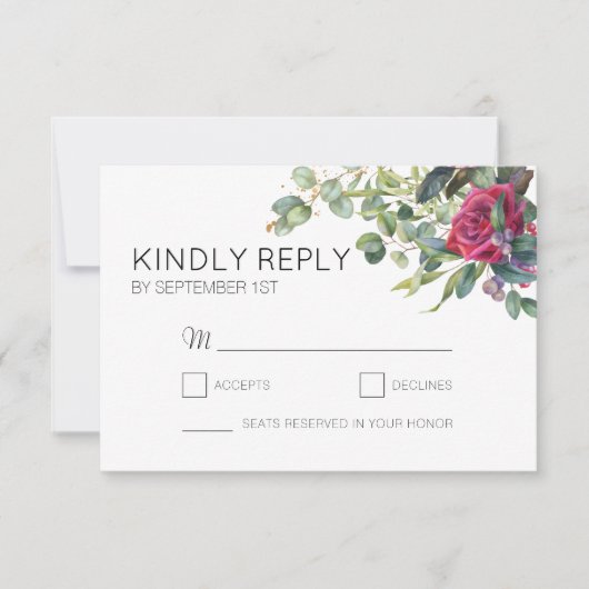 Rode rozen en Eucalyptus Weddenschap Eenvoudig RSVP Kaartje (Voorkant)