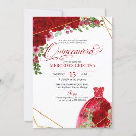 Rode rozen en Glitter Dress Glamoureuze Quinceañer Kaart