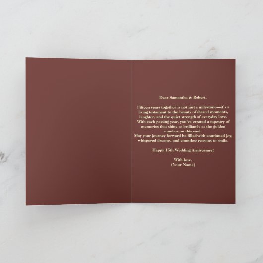 Rode Rozen en Goud Nummer 15e bruiloft Jubileum Kaart (Binnen)