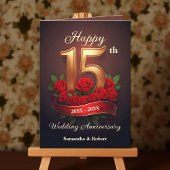 Rode Rozen en Goud Nummer 15e bruiloft Jubileum Kaart