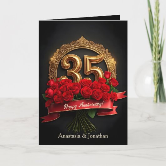 Rode Rozen en Goud Nummer 35ste bruiloft Jubileum Kaart (Voorkant)