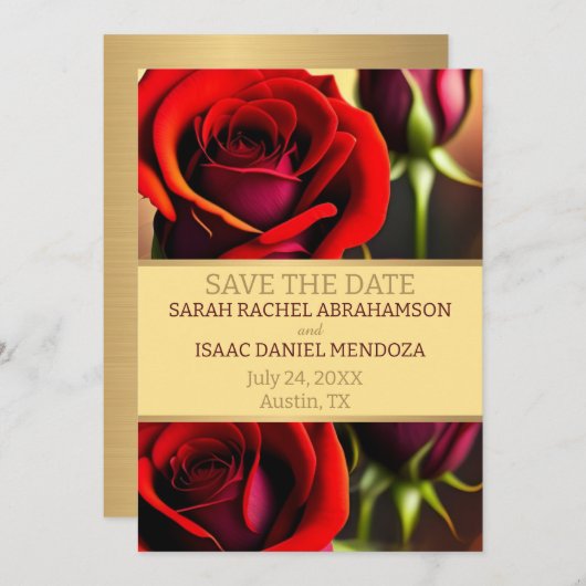 Rode rozen en goud sparen de datum kaart (Voorkant / Achterkant)
