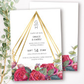 Rode rozen en gouden geometrische Lijsten bruiloft Kaart