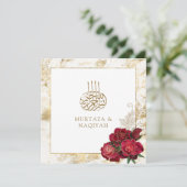 Rode rozen en gouden marmer islamitische bruiloft kaart (Staand voorkant)