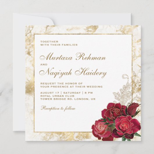 Rode rozen en gouden marmer islamitische bruiloft kaart (Achterkant)