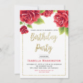 Rode rozen en goudglitter Birthday Party Kaart (Voorkant)