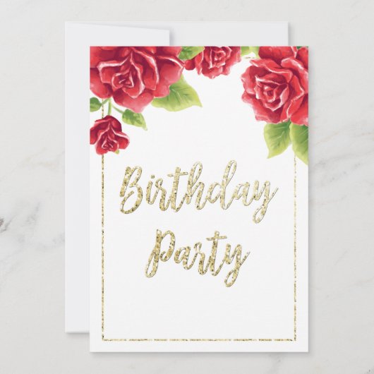 Rode rozen en goudglitter Birthday Party Kaart (Achterkant)