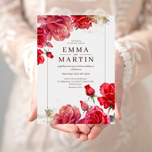 Rode Rozen en Goudstof Elegante Moderne Trouw  Kaart