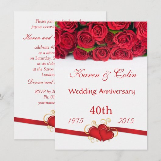 Rode rozen en harten 40ste huwelijksverjaardag kaart (Voorkant / Achterkant)