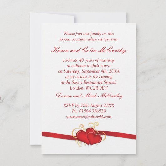 Rode rozen en harten 40ste huwelijksverjaardag kaart (Achterkant)
