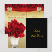 Rode rozen en harten, goud en zwart huwelijk aankondigingskaart (Voorkant / Achterkant)