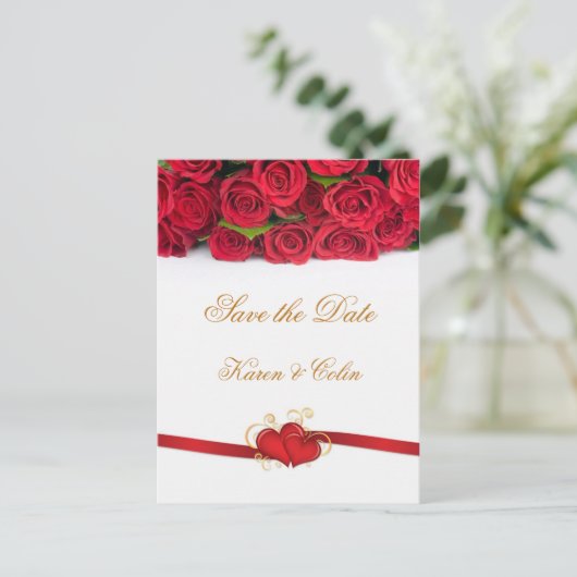 Rode rozen en harten Red de datum Aankondigingskaart (Staand voorkant)
