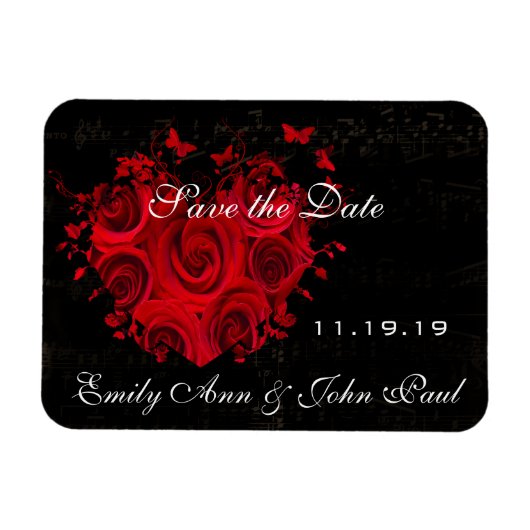 Rode Rozen en Harten Swirls Bruiloft Save the Date Magneet (Horizontaal)