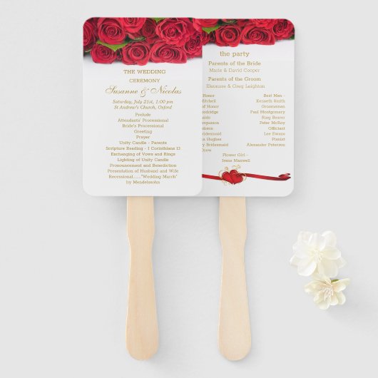 Rode rozen en harten Trouwprogramma Handwaaier (Voorkant en achterkant)