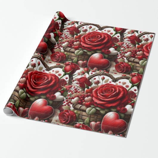 Rode rozen en harten Valentijnsdag Cadeaupapier (Uitgerold)