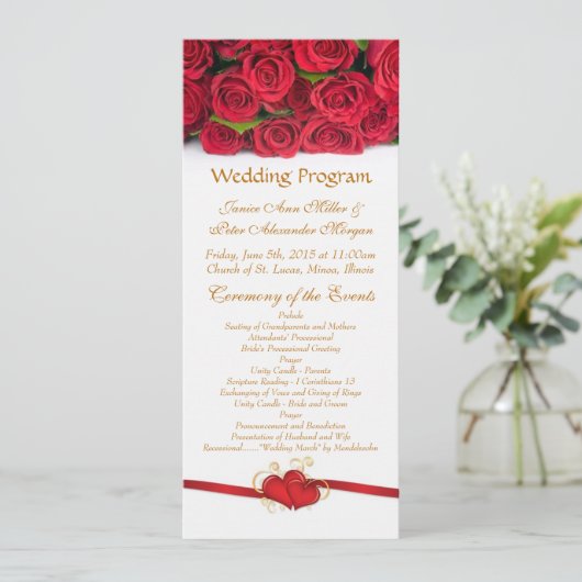 Rode rozen en het programma voor hartbruiloft programmakaart (Staand voorkant)