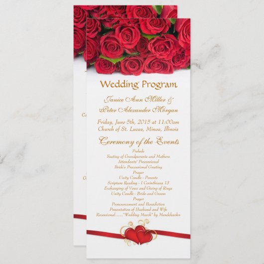 Rode rozen en het programma voor hartbruiloft programmakaart (Voorkant / Achterkant)
