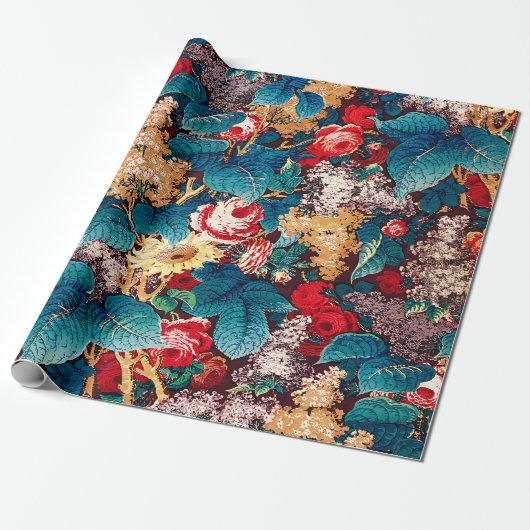  rode rozen en lila bloemmotief cadeaupapier (Uitgerold)